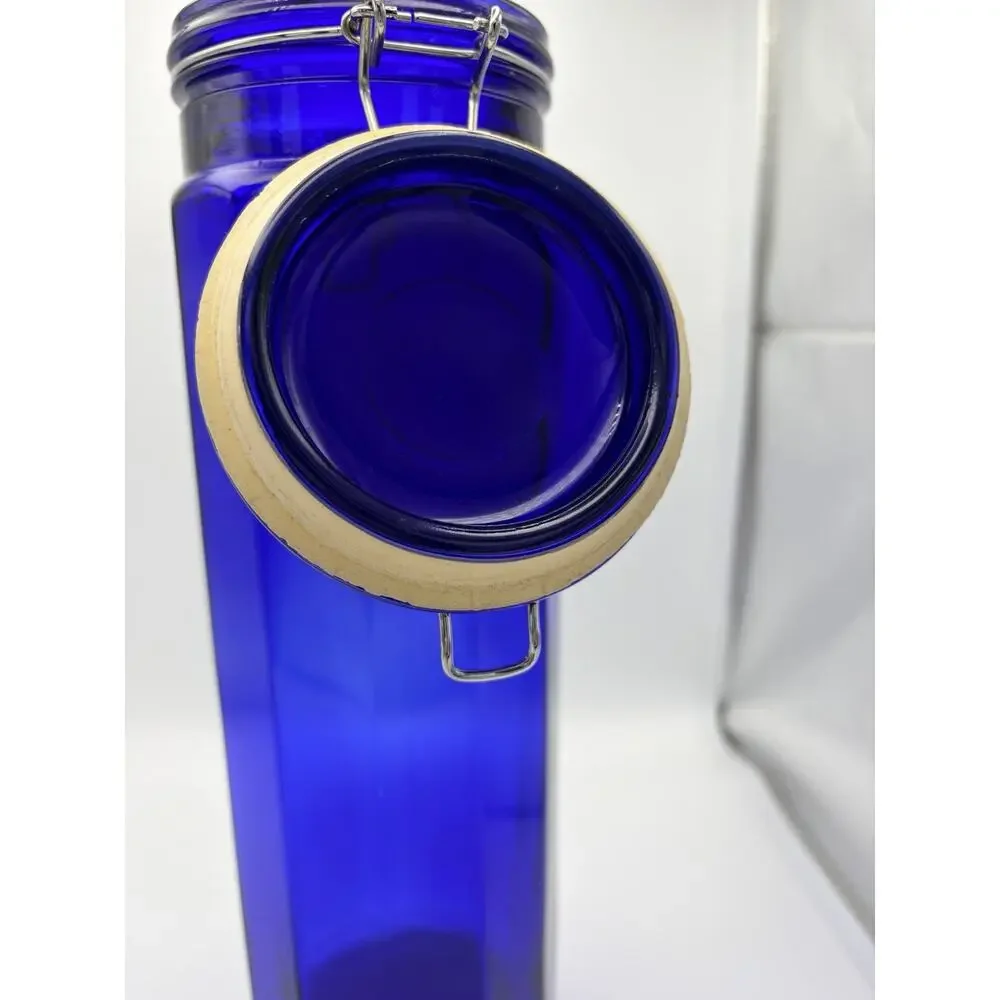 Vintage 13” Canister Jar Cobalt Blue Glass 12 Panel Wire Bale Lid